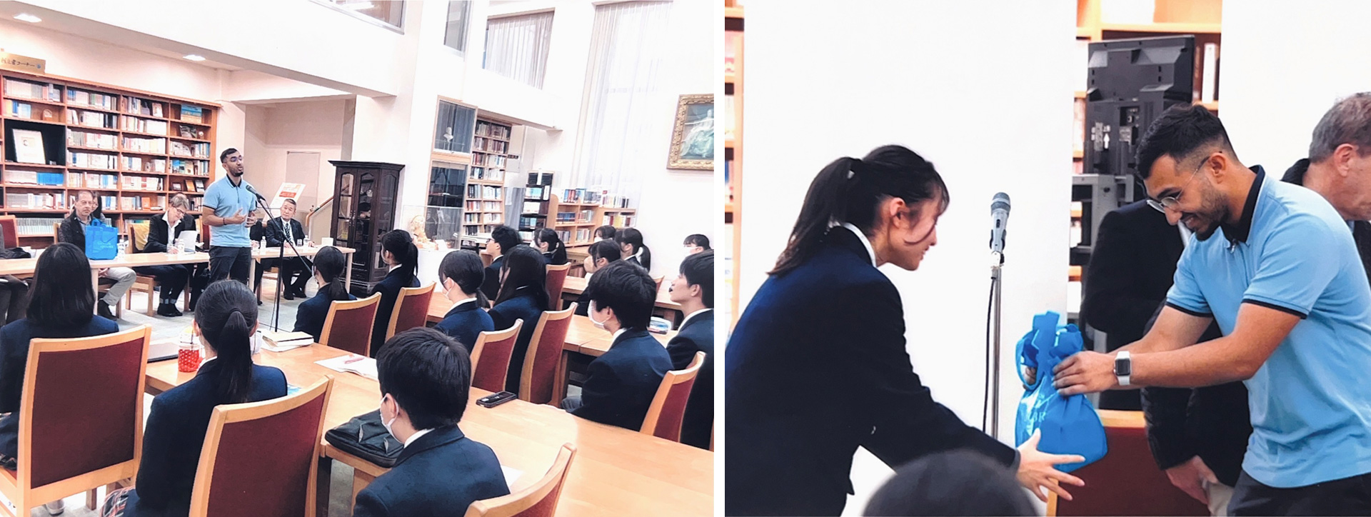 Left photo: someone standing in front of a class speaking to students. Right photo: two people exchanging a gift with a slight bow.