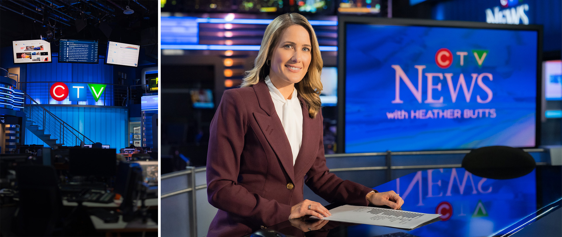 A split photo of the newsroom with large CTV lettering and Heather Butts sitting at the anchor desk smiling