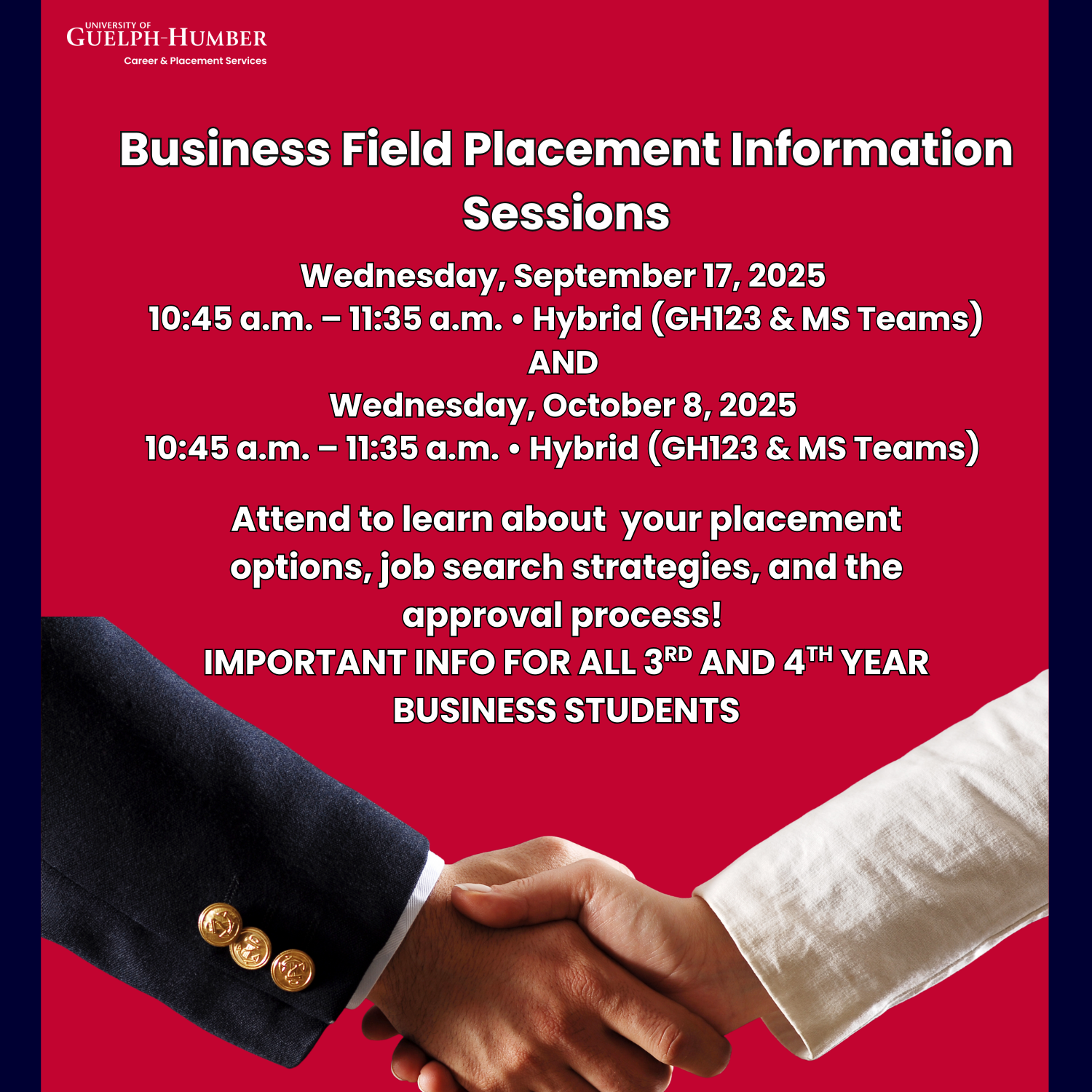 Text reads: Business Placement Information sessions