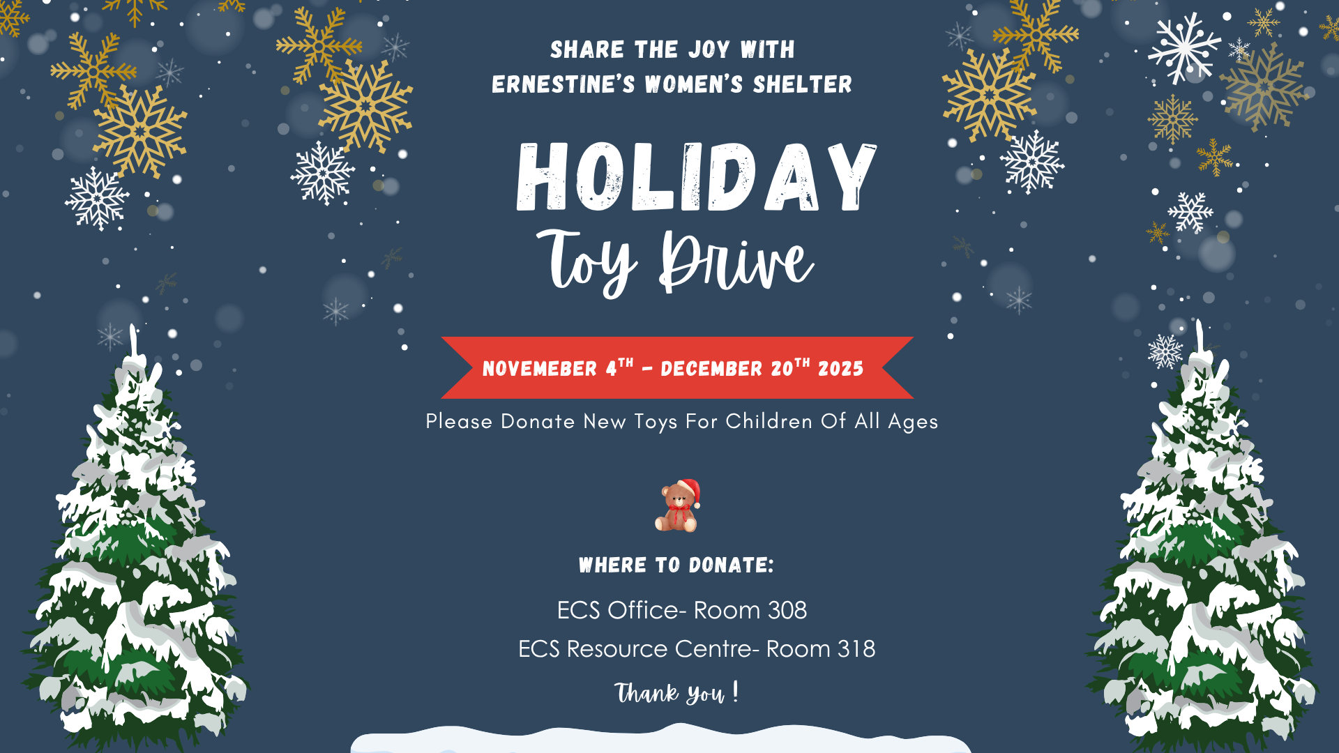 Blue poster with gold and white snowflakes and green trees with snow