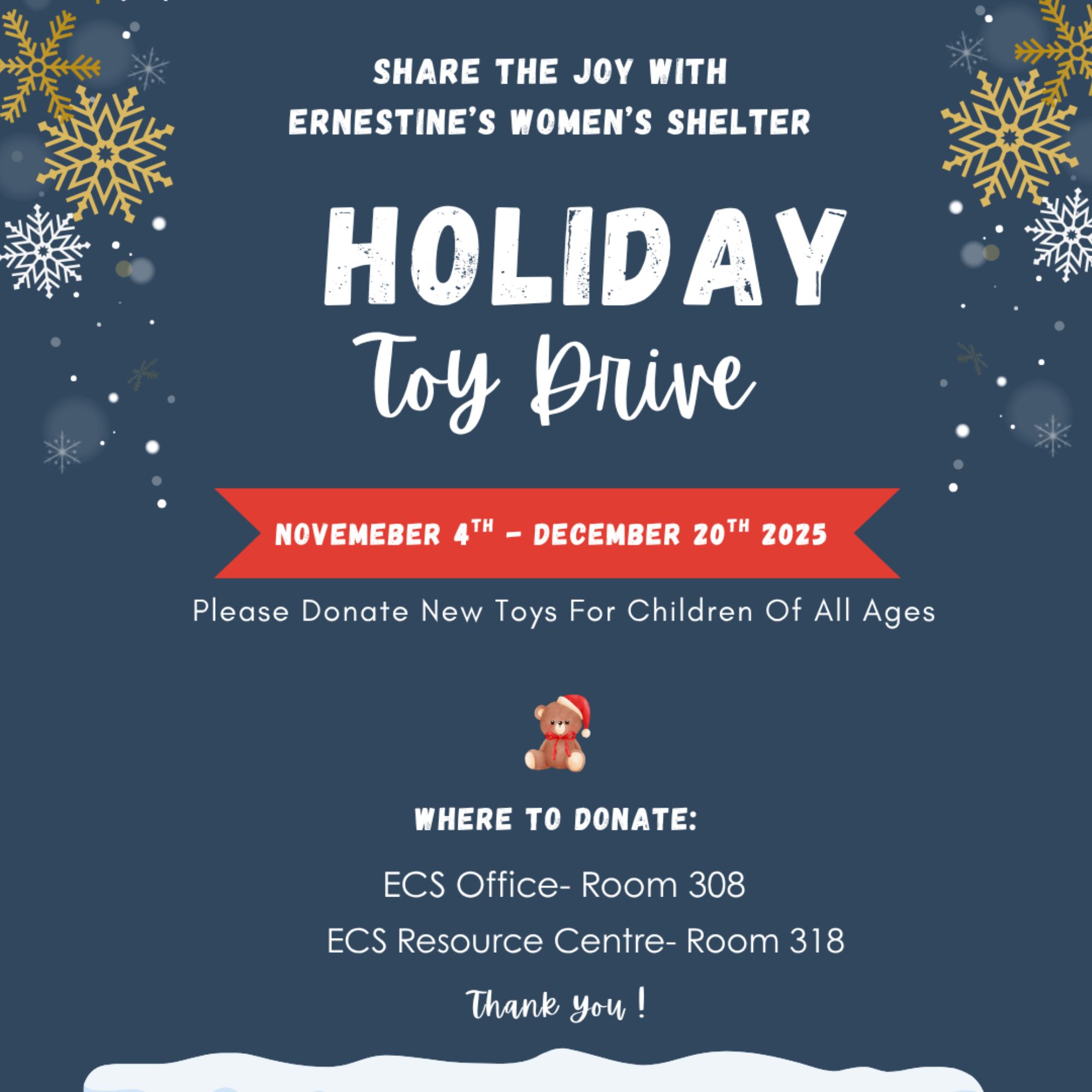 Blue poster with gold and white snowflakes and green trees with snow