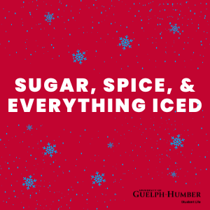 Red background with blue snoflakes around the event title &quot;Sugar, Spice &amp; Everything Iced&quot;
