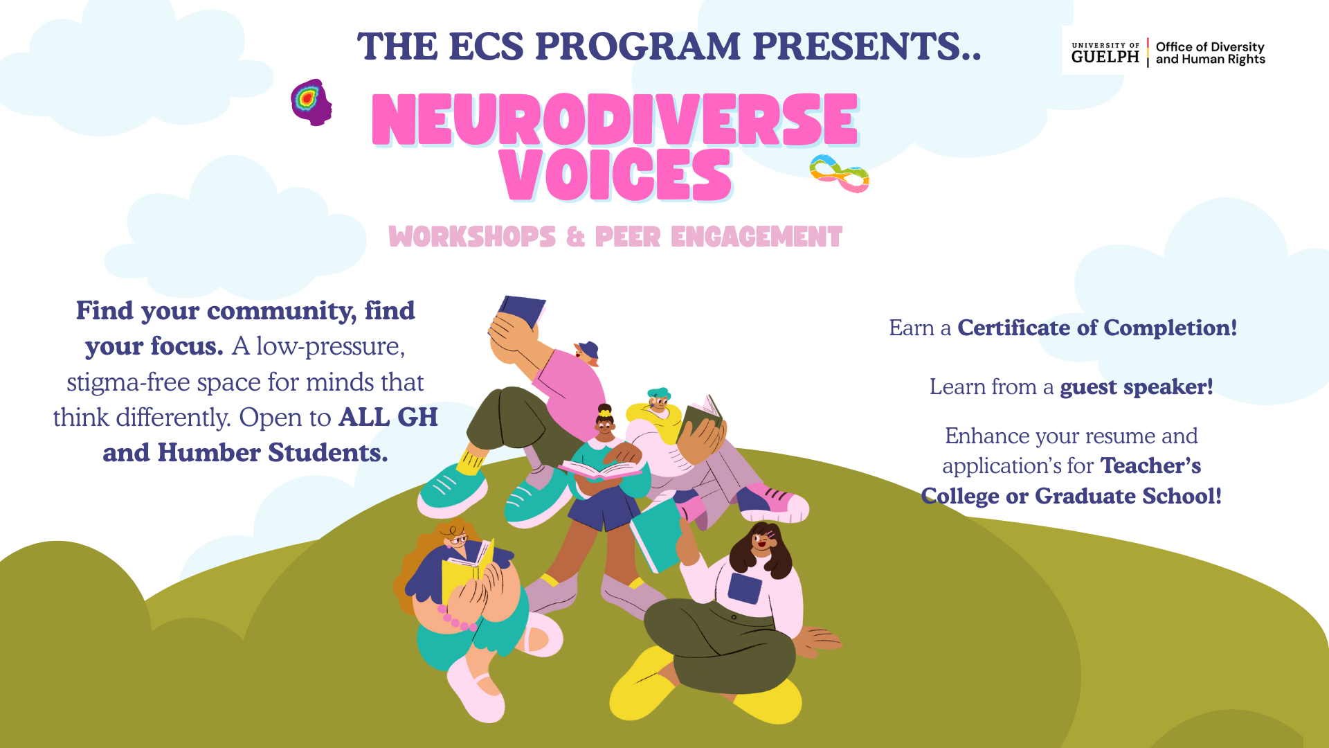 Group of students sitting together, socializing, reading