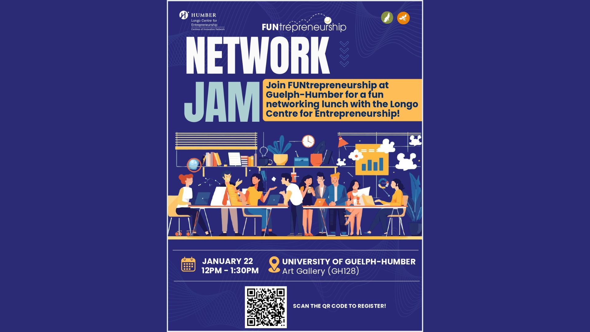 Network jam promo poster with QR code