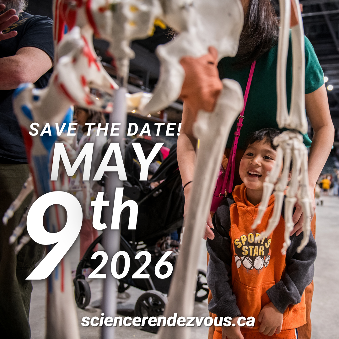 Promotional thumbnail with save the date information and a photo of a child near a skeleton