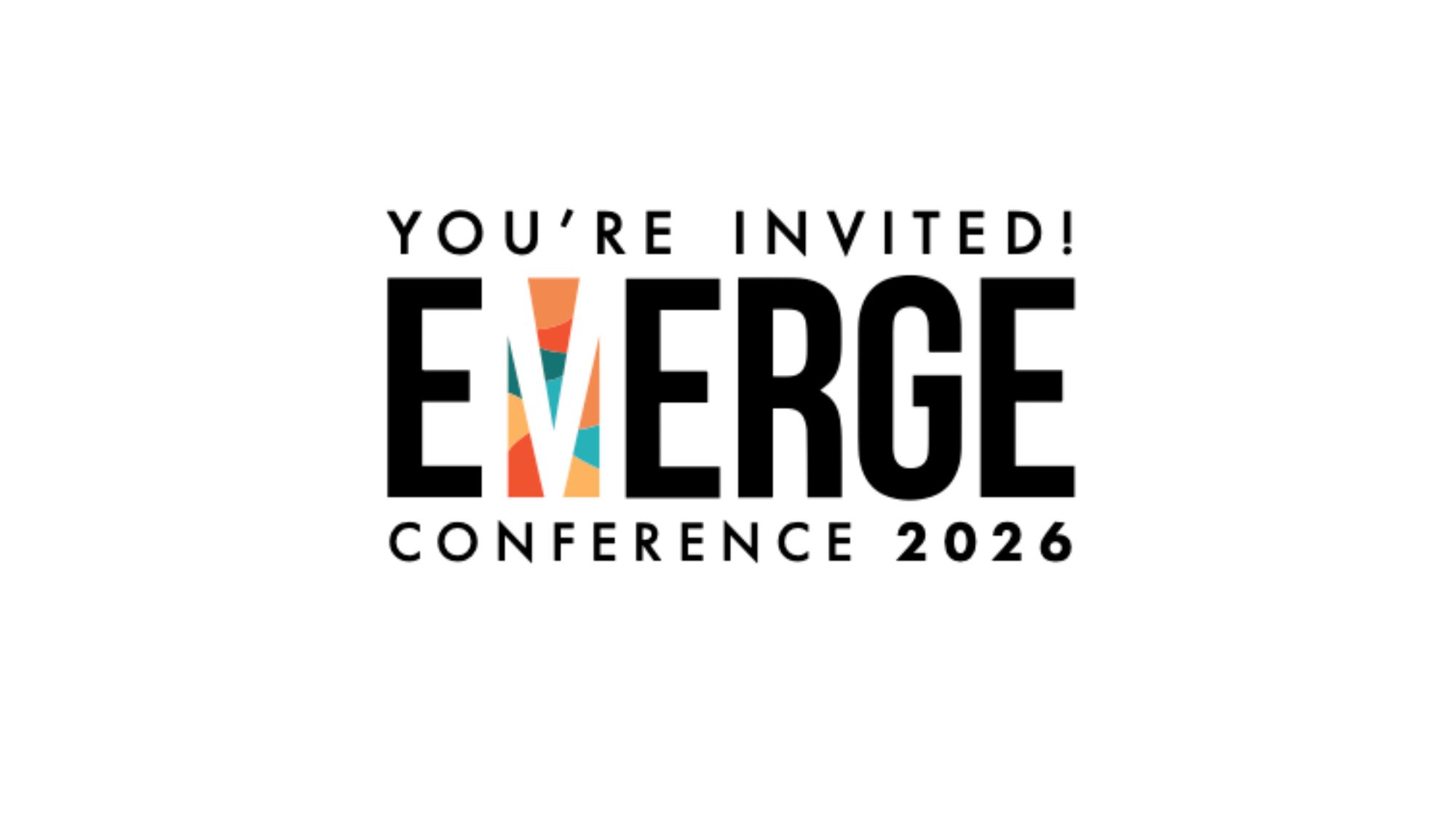 EMERGE conference promo banner with QR codes