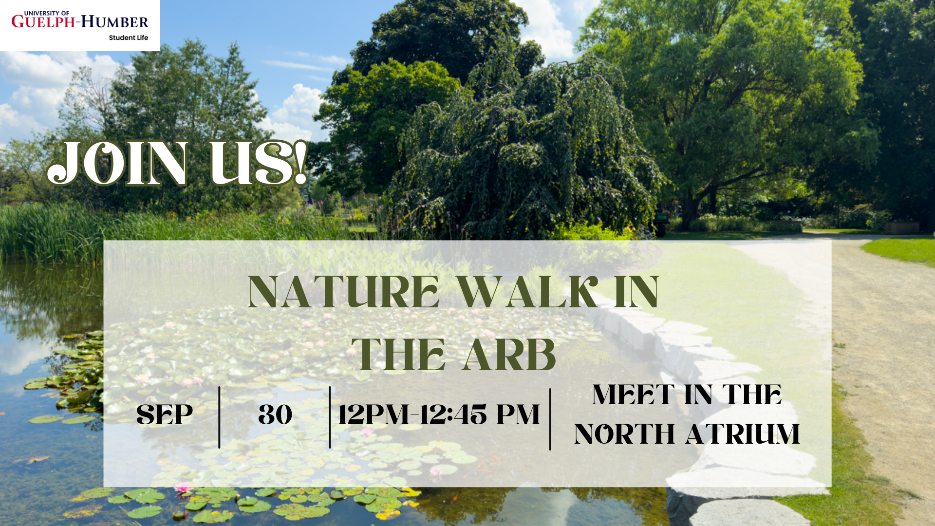 Nature Walk in the Arboretum promo with photo of trees, pond, and event info