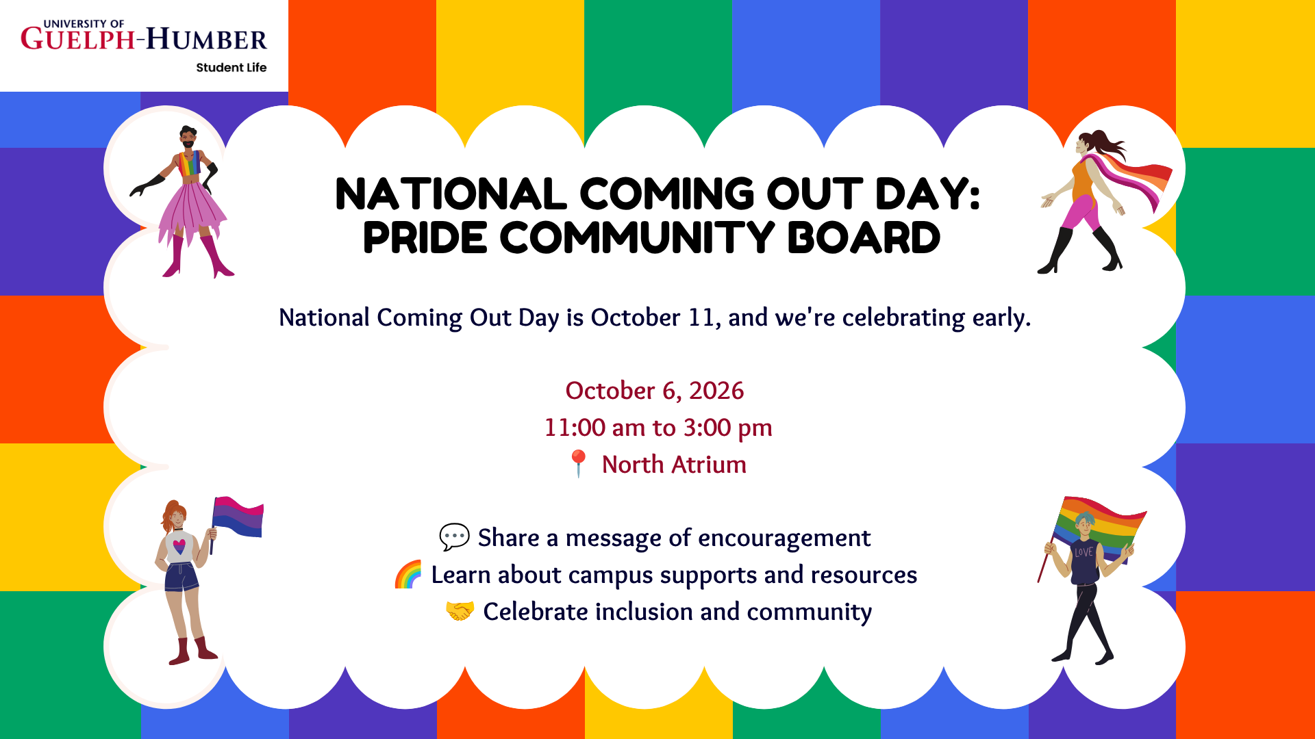 National Coming Out Day poster with rainbow border and event details