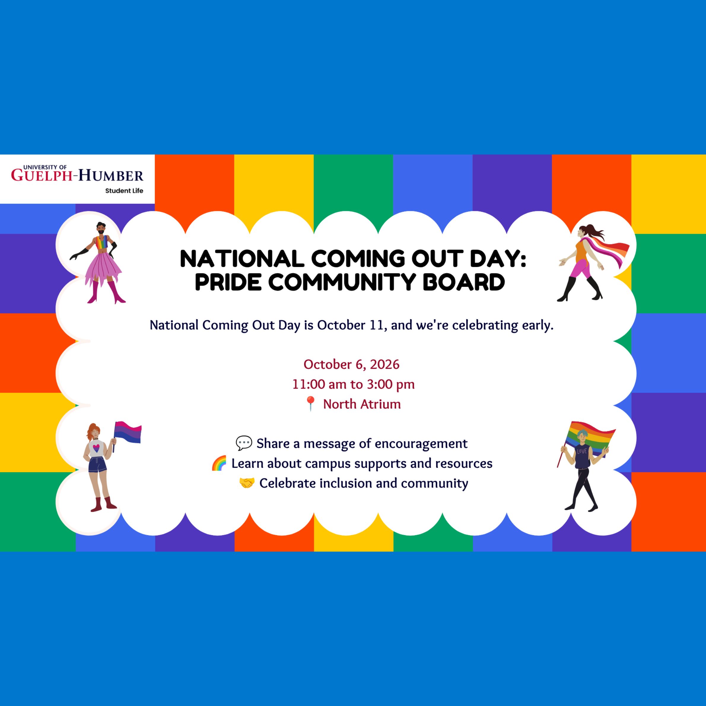 National Coming Out Day poster with rainbow border and event details
