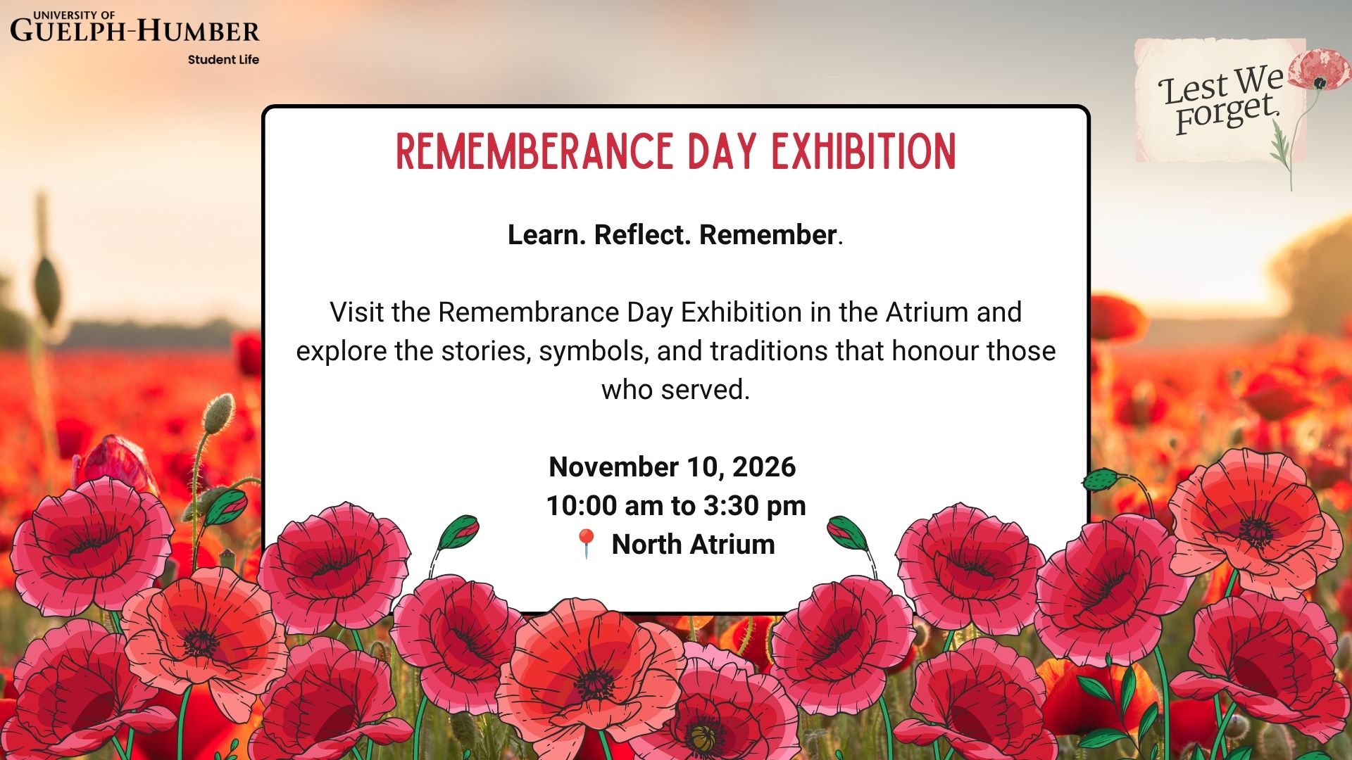Remembrance Day Exhibition banner with graphics of poppies and event information