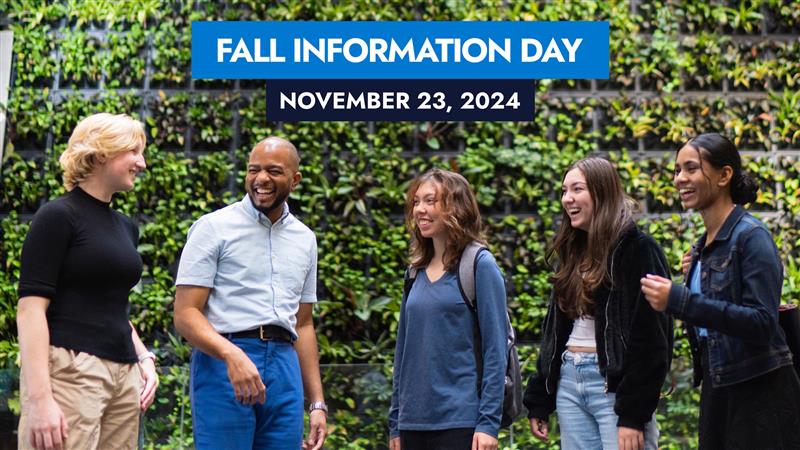 Five people standing in front of the plant wall with text above that says Fall Information Day November 23, 2024