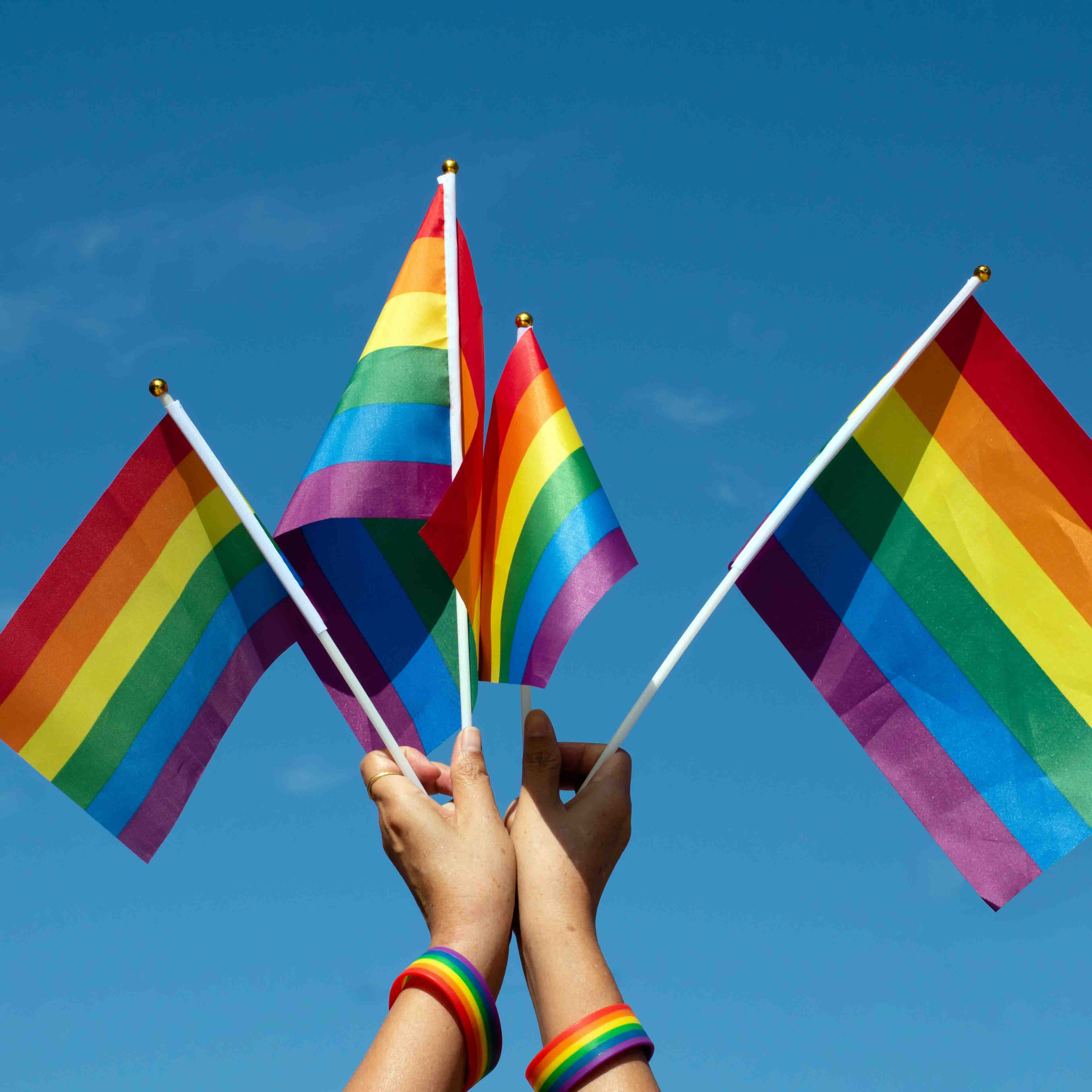 Two hands holding up four rainbow pride flags