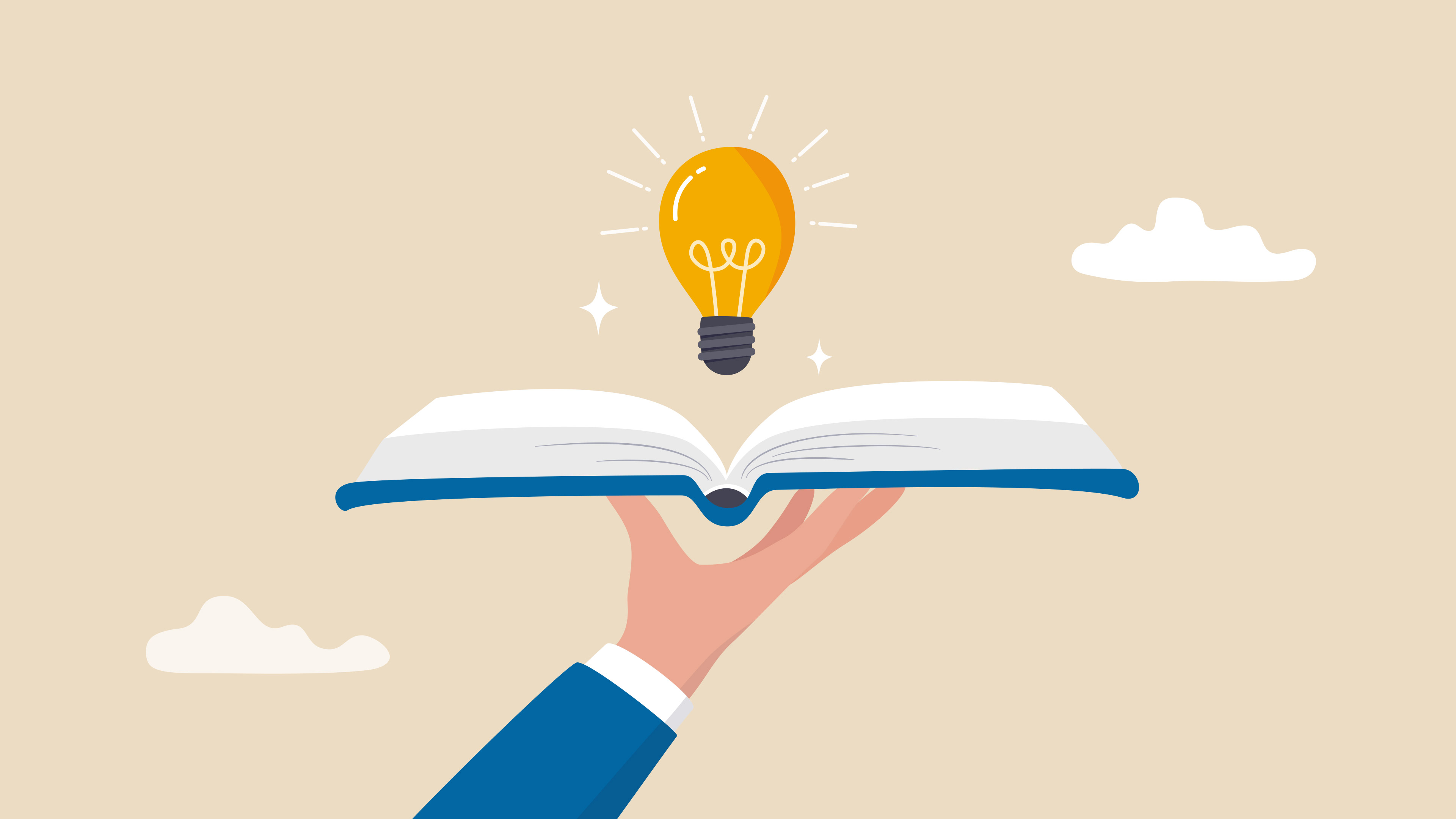 A cartoon image of a hand holding up a book with a lightbulb in the middle, two white clouds in the background