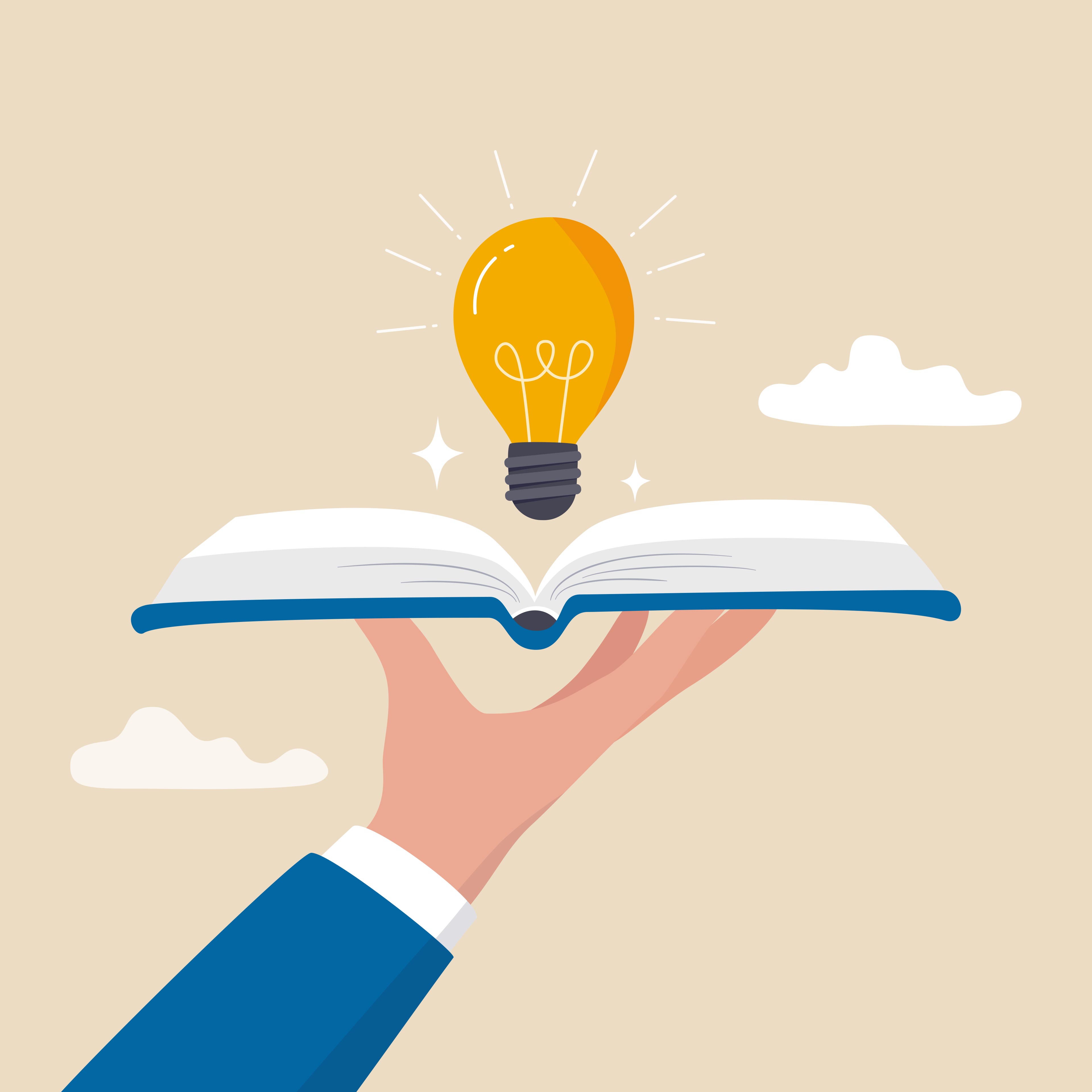 A cartoon image of a hand holding up a book with a lightbulb in the middle, two white clouds in the background