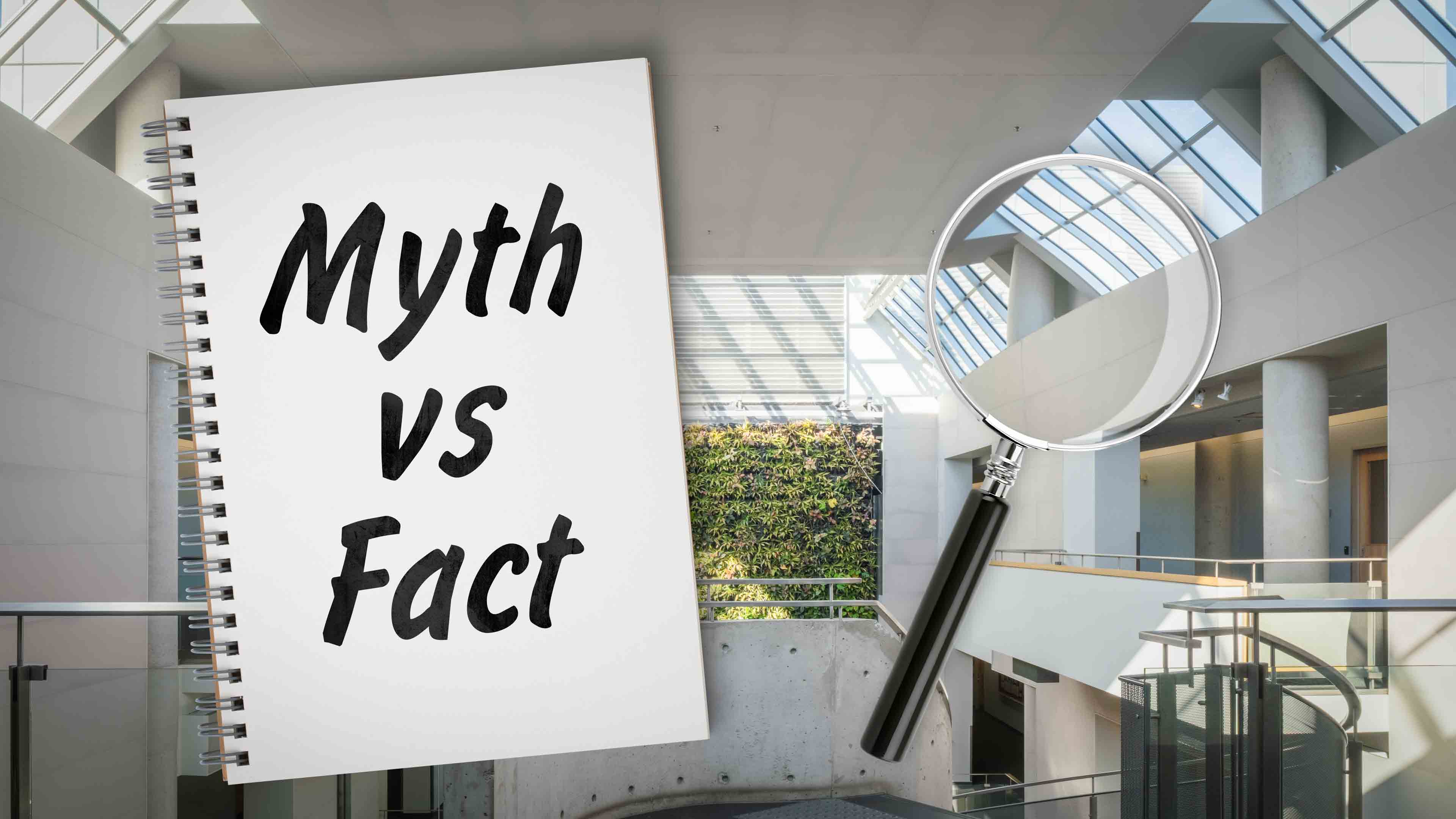 Journal with the words "myth vs fact" beside a magnifying glass