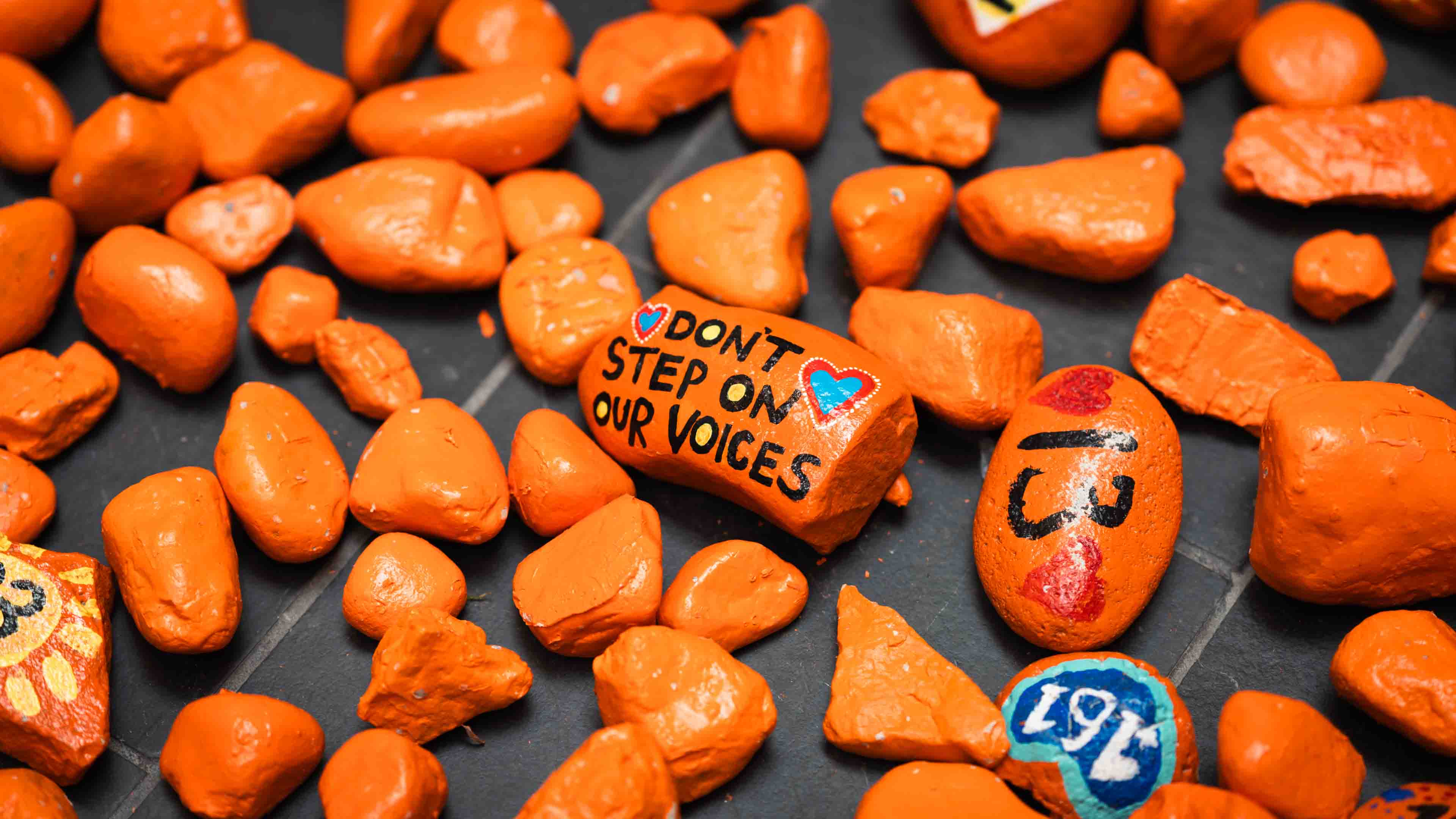 Orange rocks with one in the middle saying "dont step on our voices"