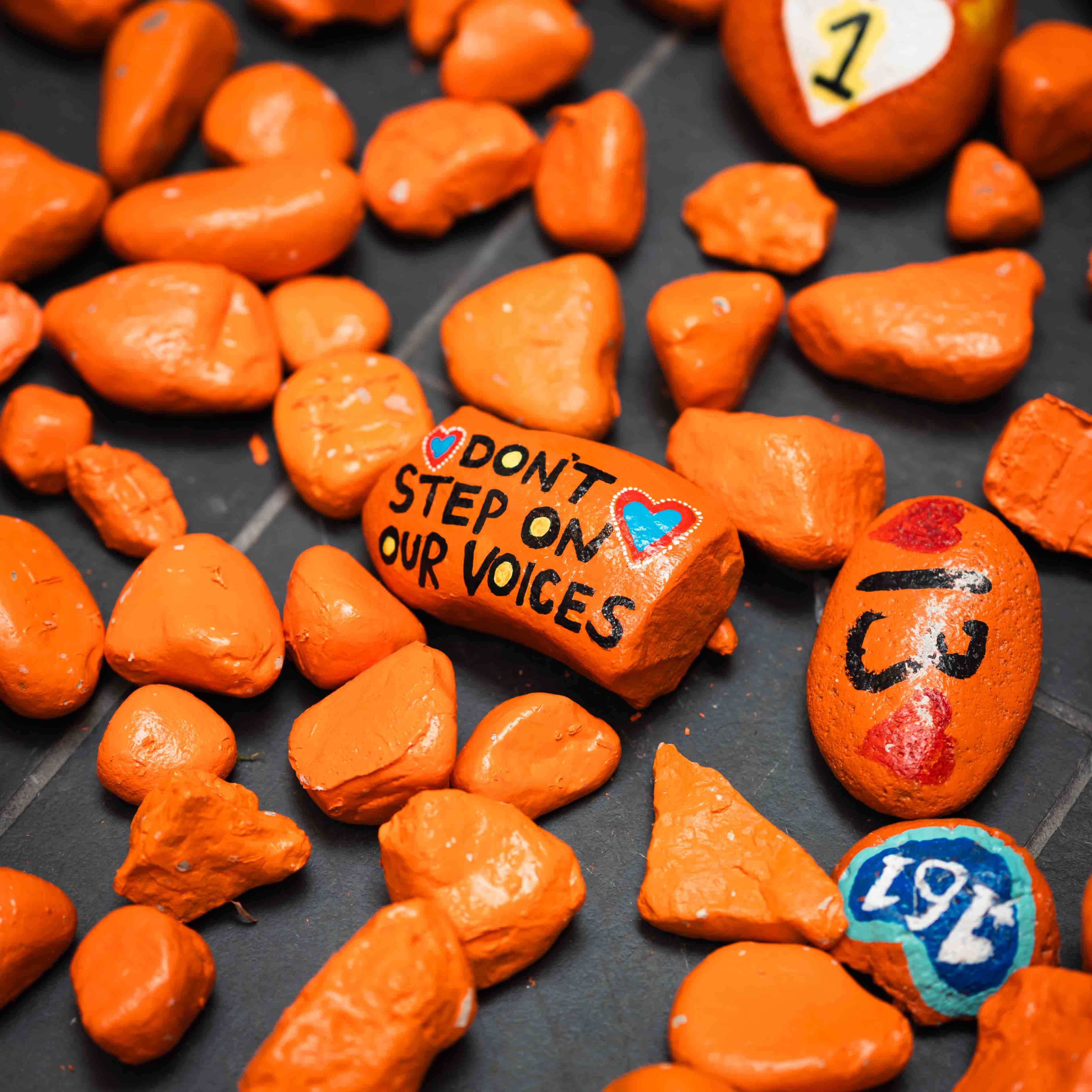 Orange rocks with one in the middle saying "dont step on our voices"