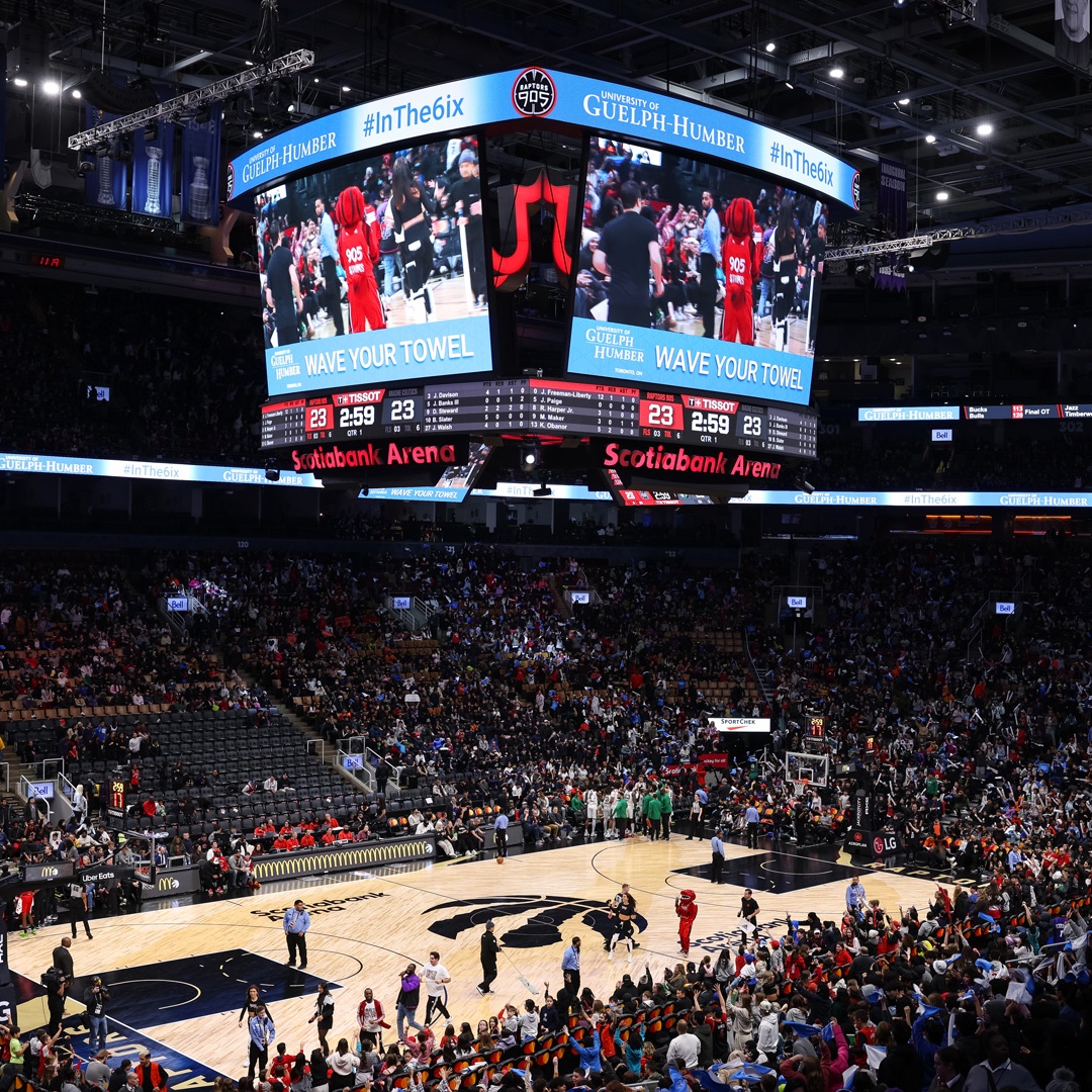 Inside Scotiabank Arena with University of Guelph-Humber branding on the jumbotron