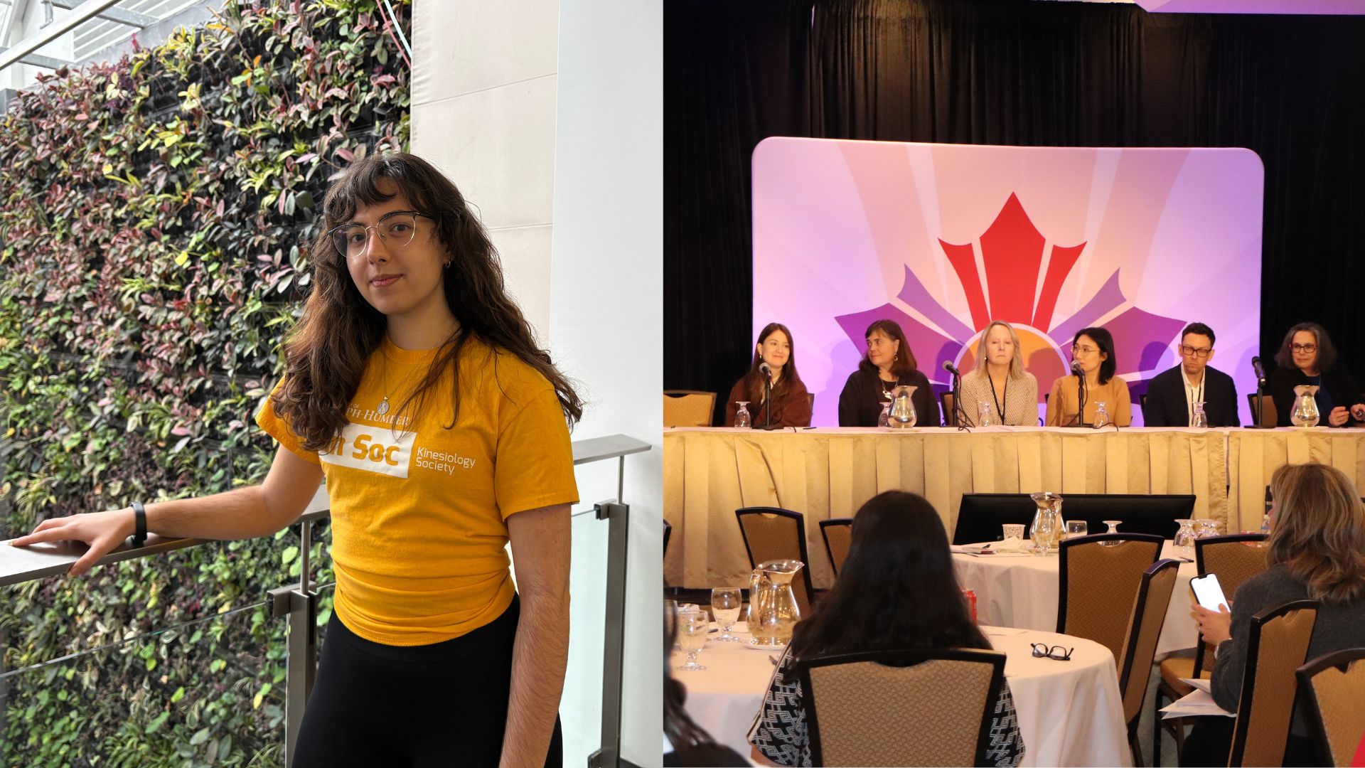 A photo split between student Chrysanthe Nikolaidis wearing a Kinesiology Society shirt and a panel at the CNS Conference