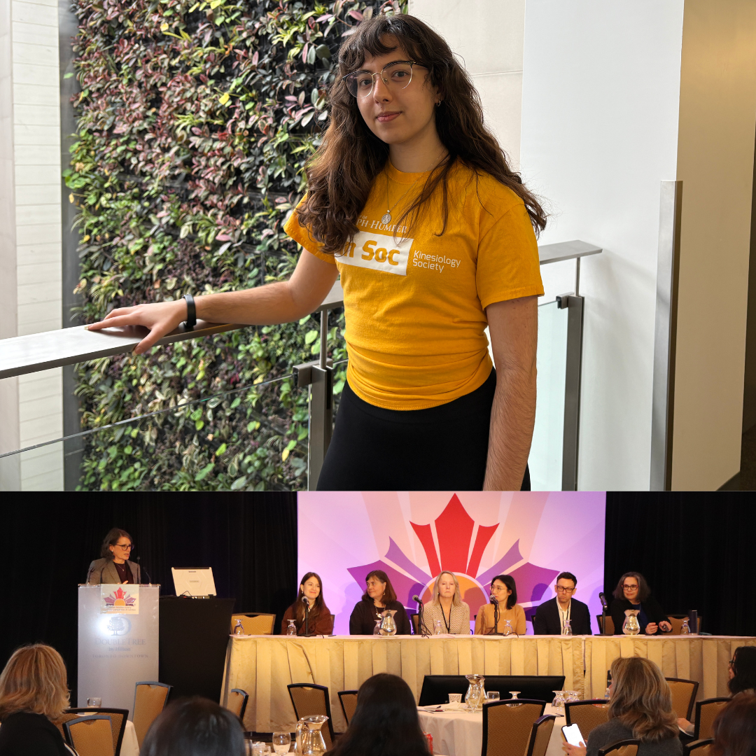 A photo split between student Chrysanthe Nikolaidis wearing a Kinesiology Society shirt and a panel at the CNS Conference