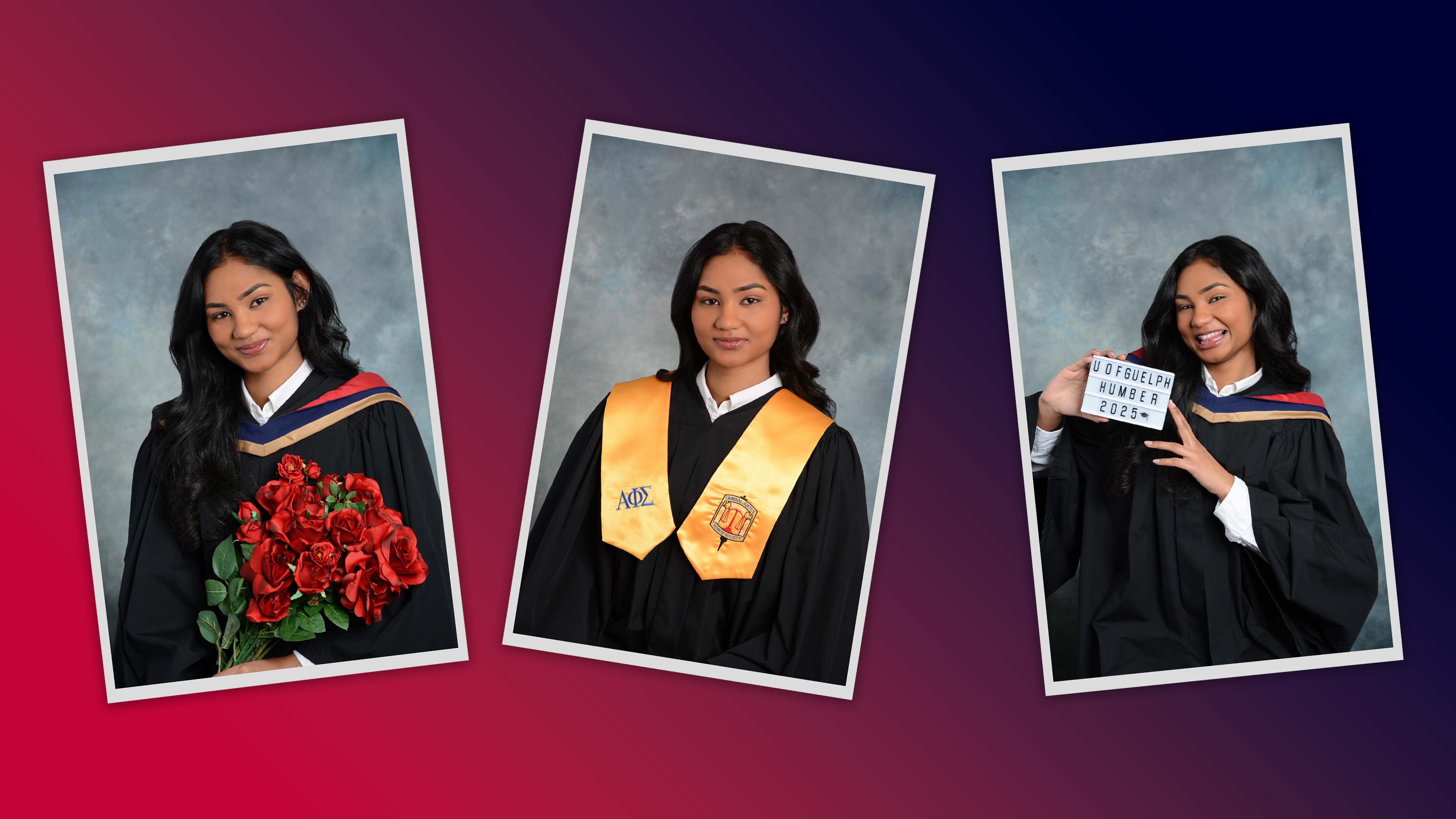 Three photos of Naisha Suthaharan wearing graduation robes are collaged over a pink and purple gradient background