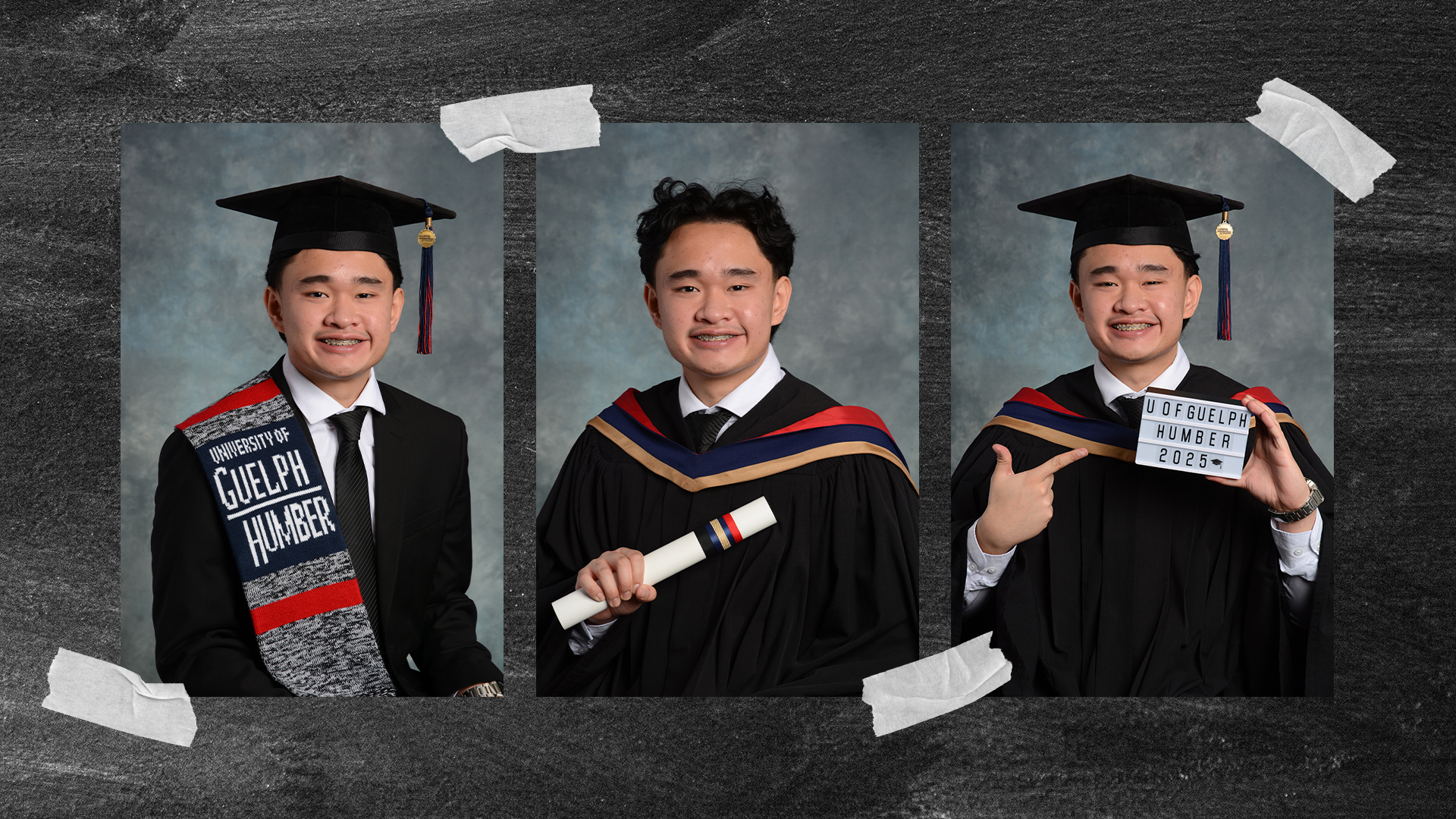 Three photos of Yul in a graduation gown form a collage on a black backgroud