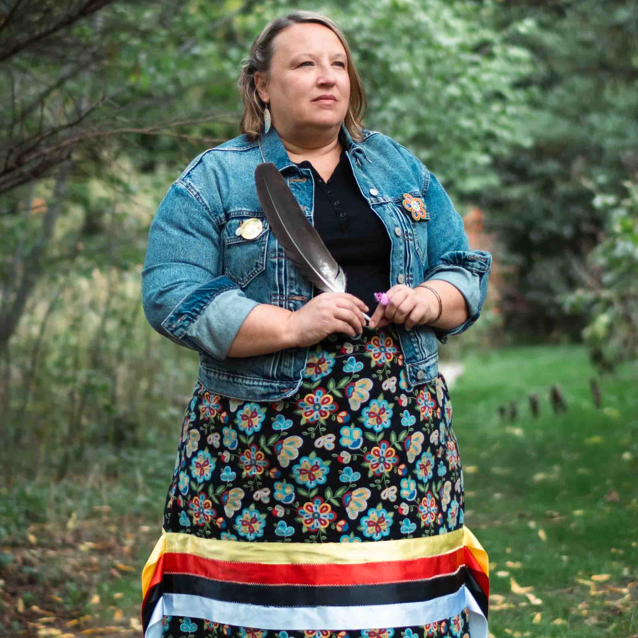 Maya-Rose Simon wears her ribbon skirt in the Humber Arboretum