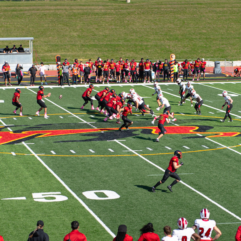 The Guelph Gryphons play football on the field with the York Lions