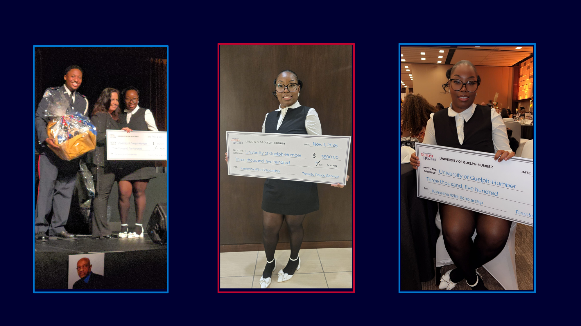 Kamesha Wint holds a big check with her scholarship dollar amount in three panels