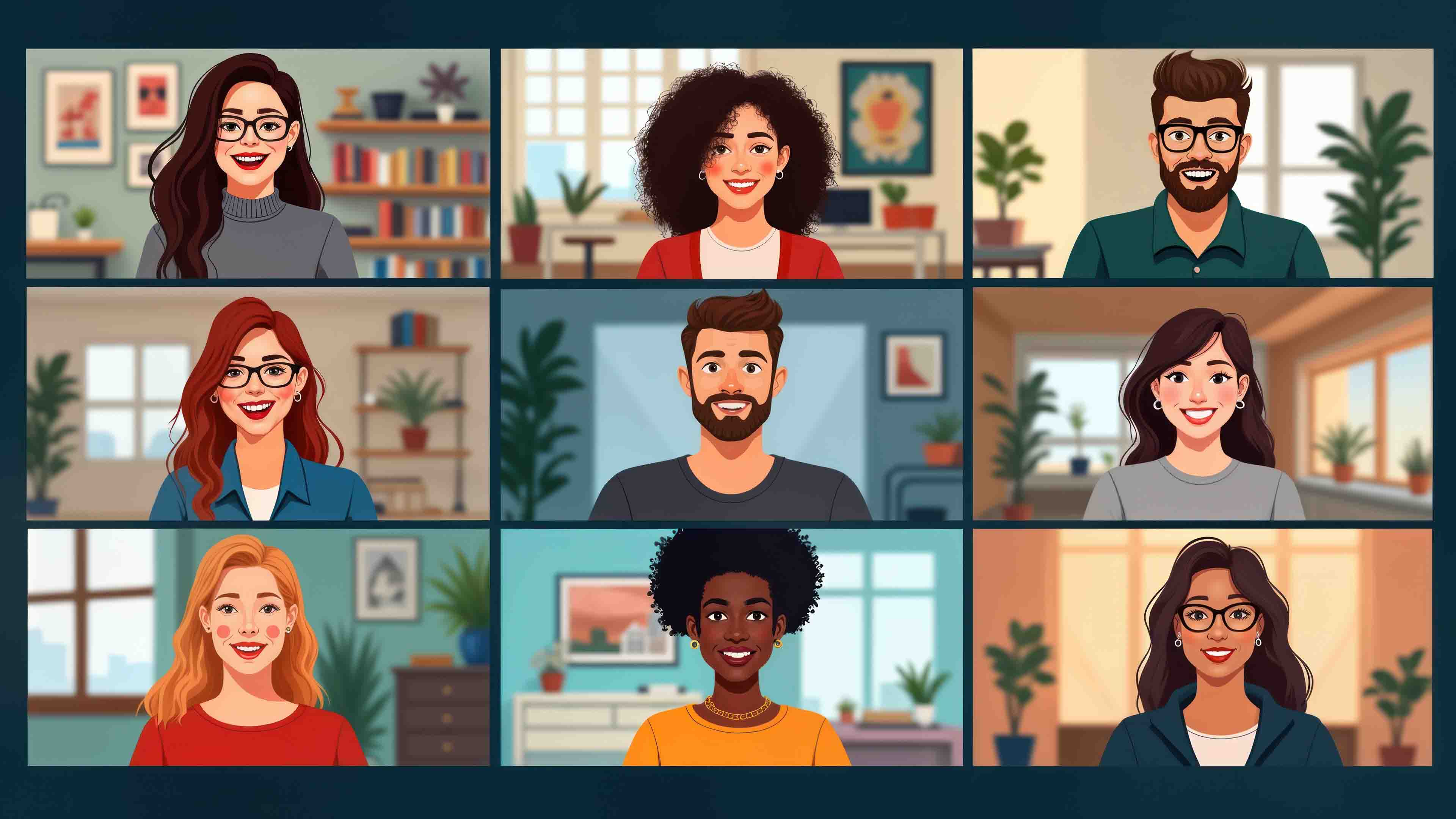 Cartoon image of people speaking with one another virtually