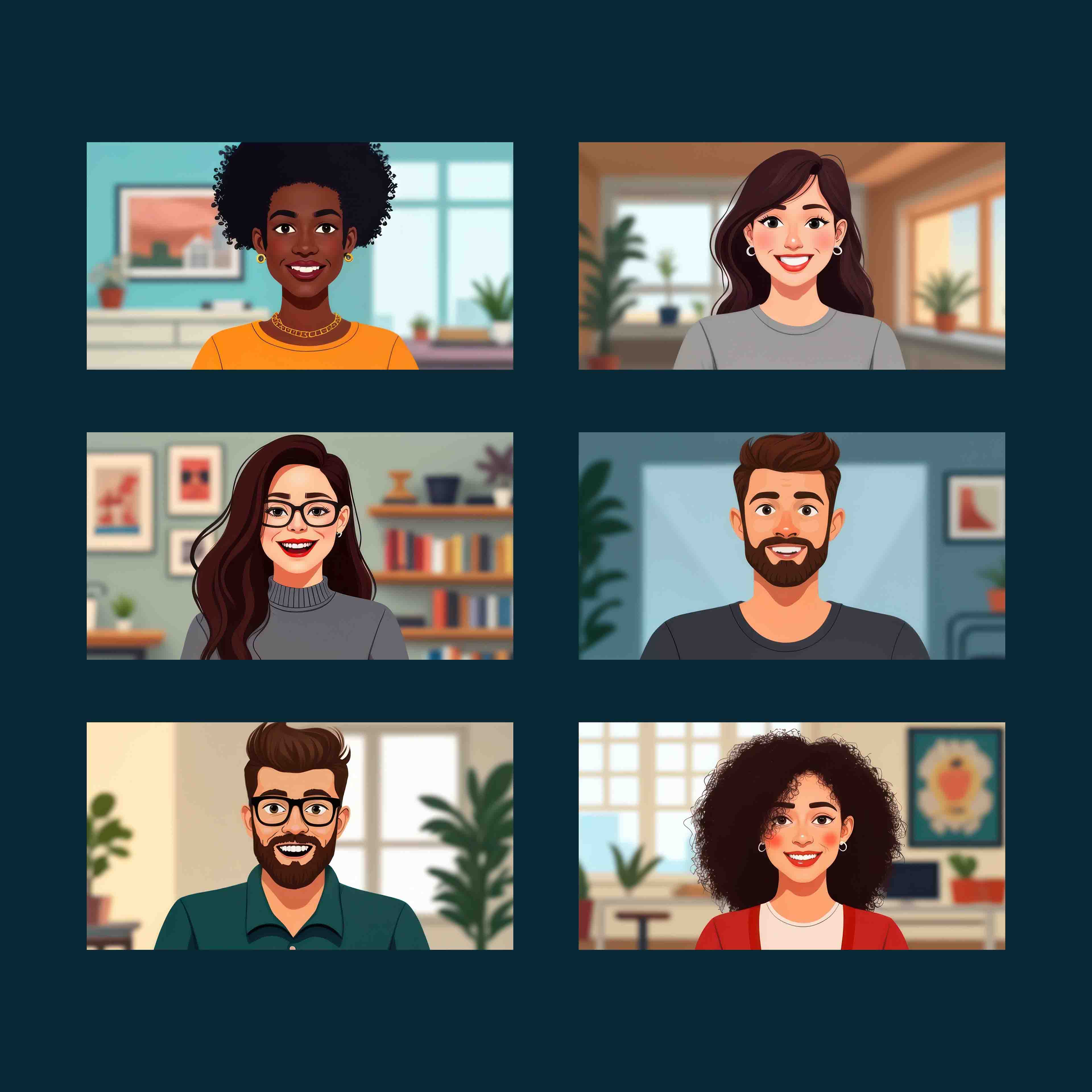 Cartoon image of people speaking with one another virtually