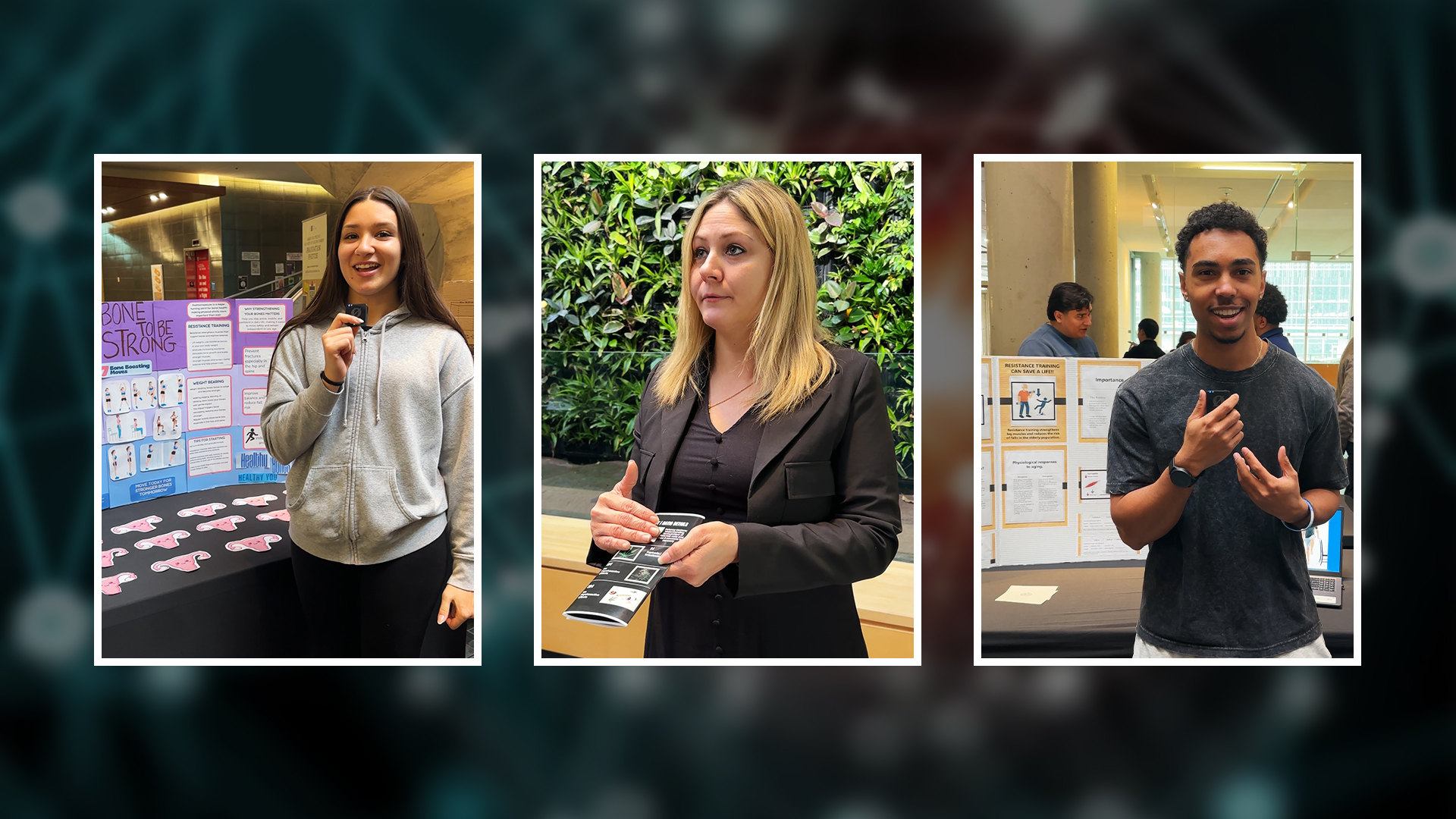 Three students in a photo collage present their kinesiology projects