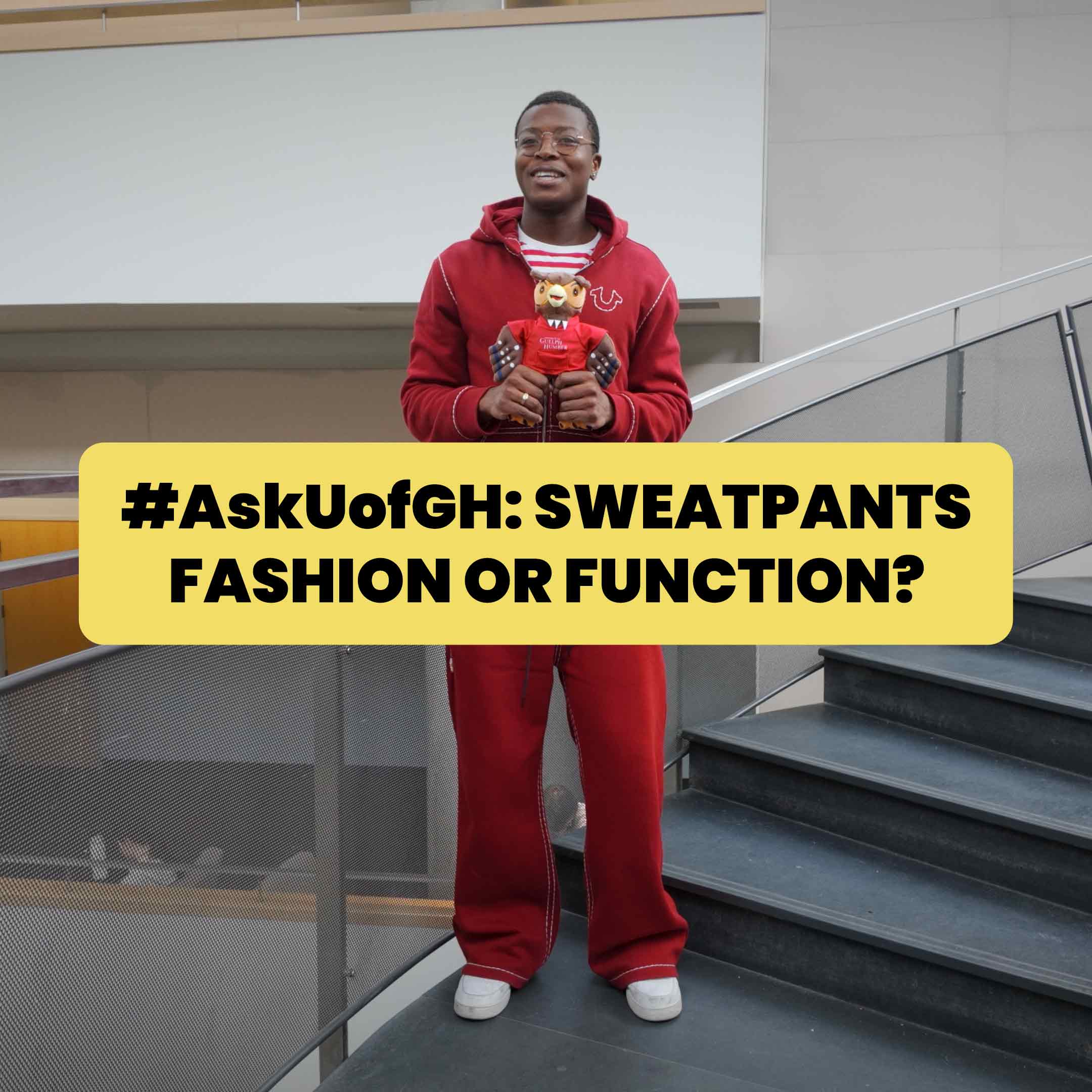 student wearing sweatsuit with video title on screen