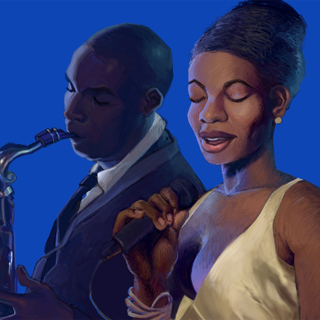 Two Black performers make music - artwork by a student