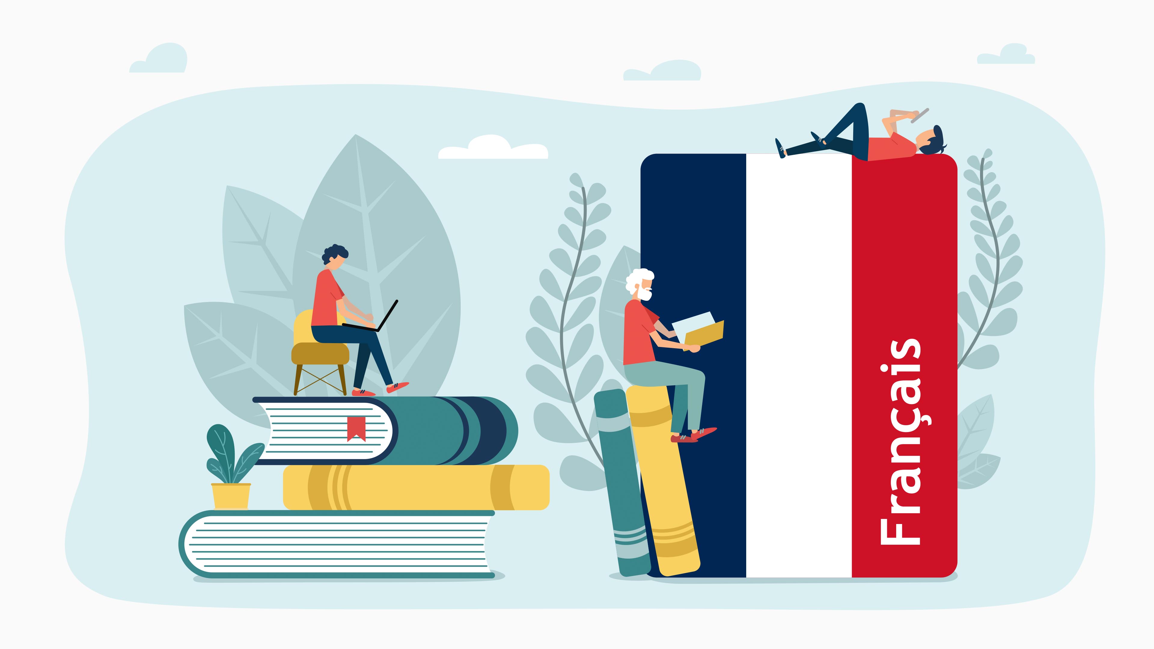 A cartoon image shows people studying on top of stacks of books with the word "Francais"