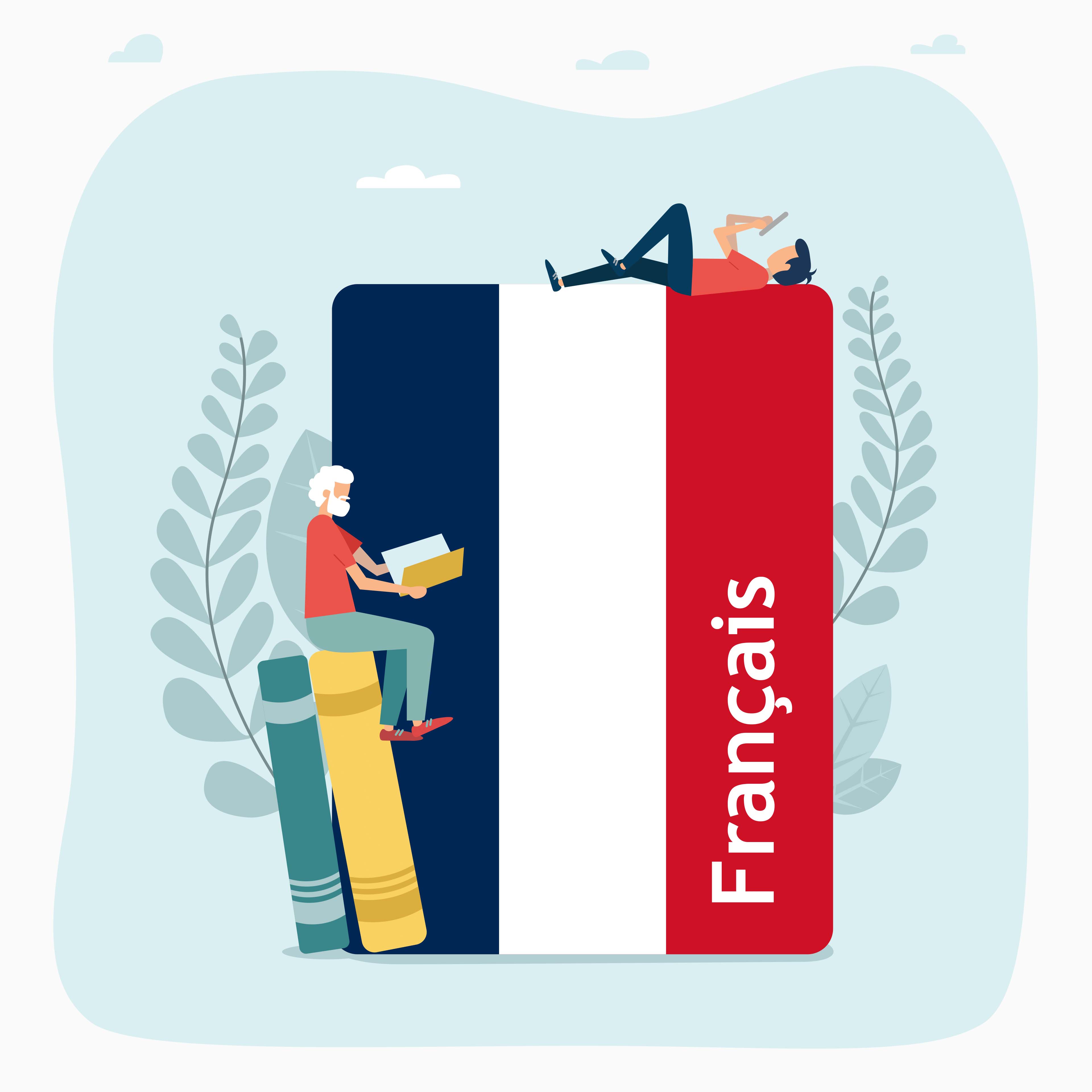 A cartoon image shows people studying on top of stacks of books with the word "Francais"