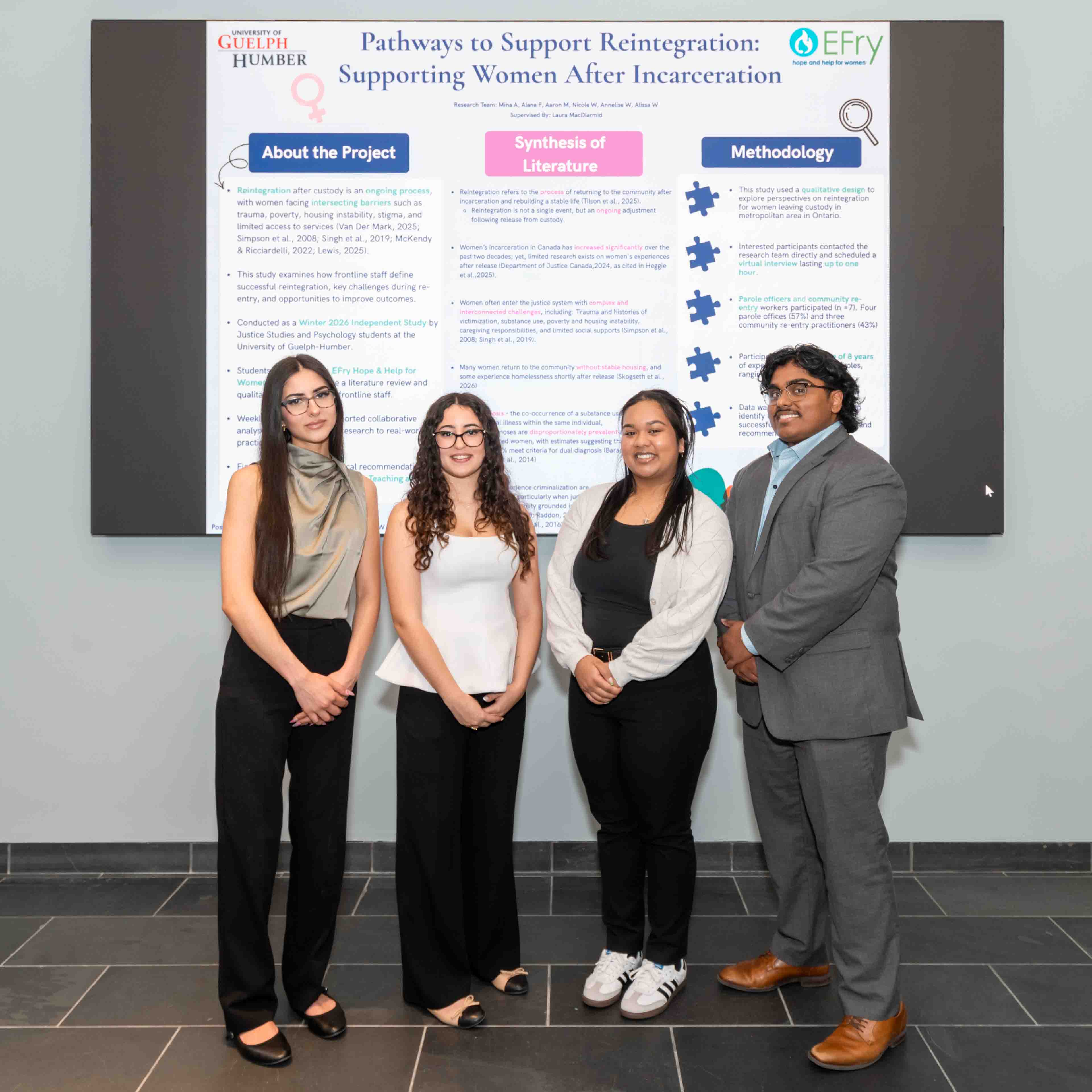 Four students stand in front of their research poster on a large screen