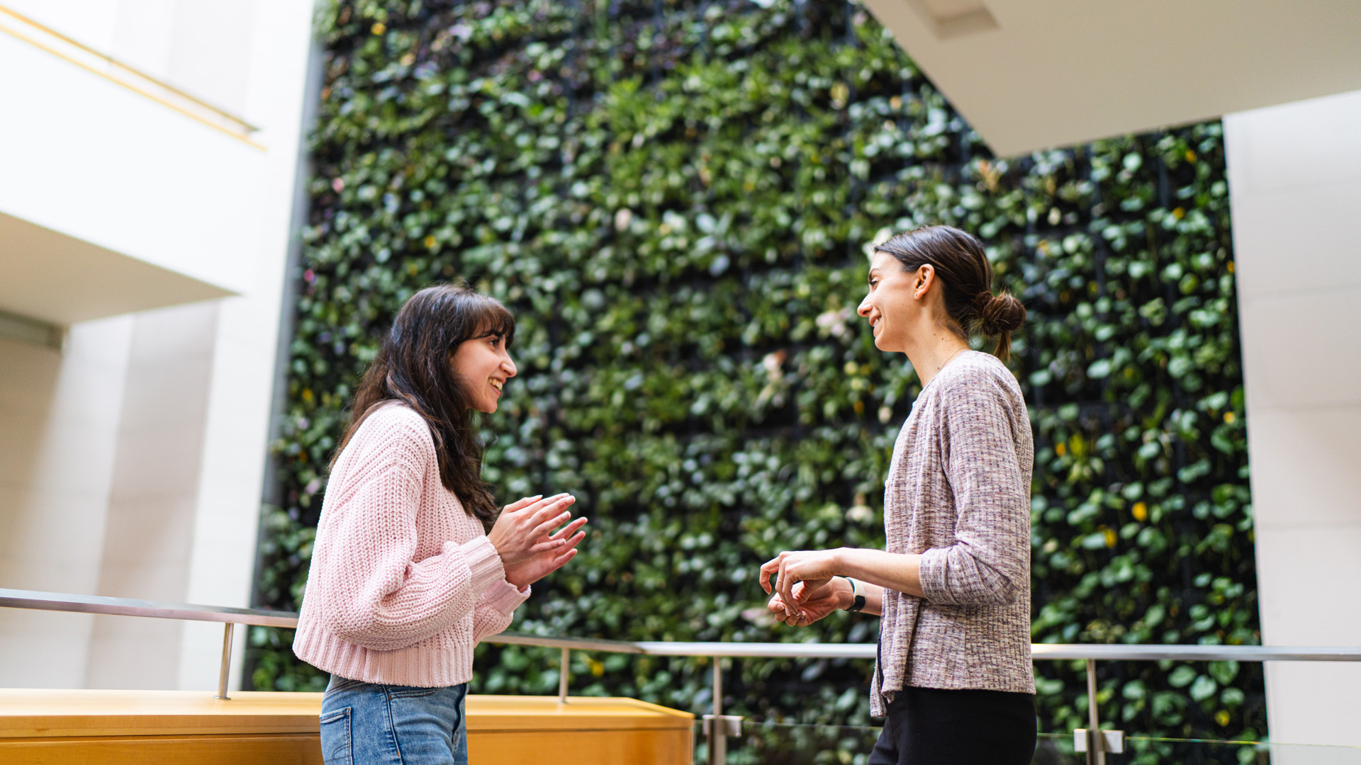 Two people standing are facing each other having a conversation