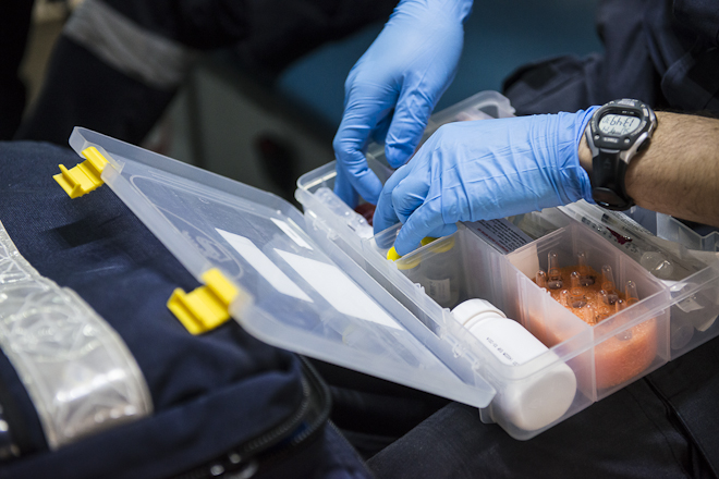 Paramedics handling first aid equipment