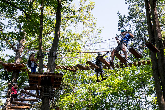 A distant shot of alumni navigating the bridge