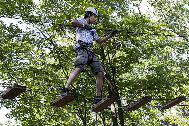 A man balancing on a bridge